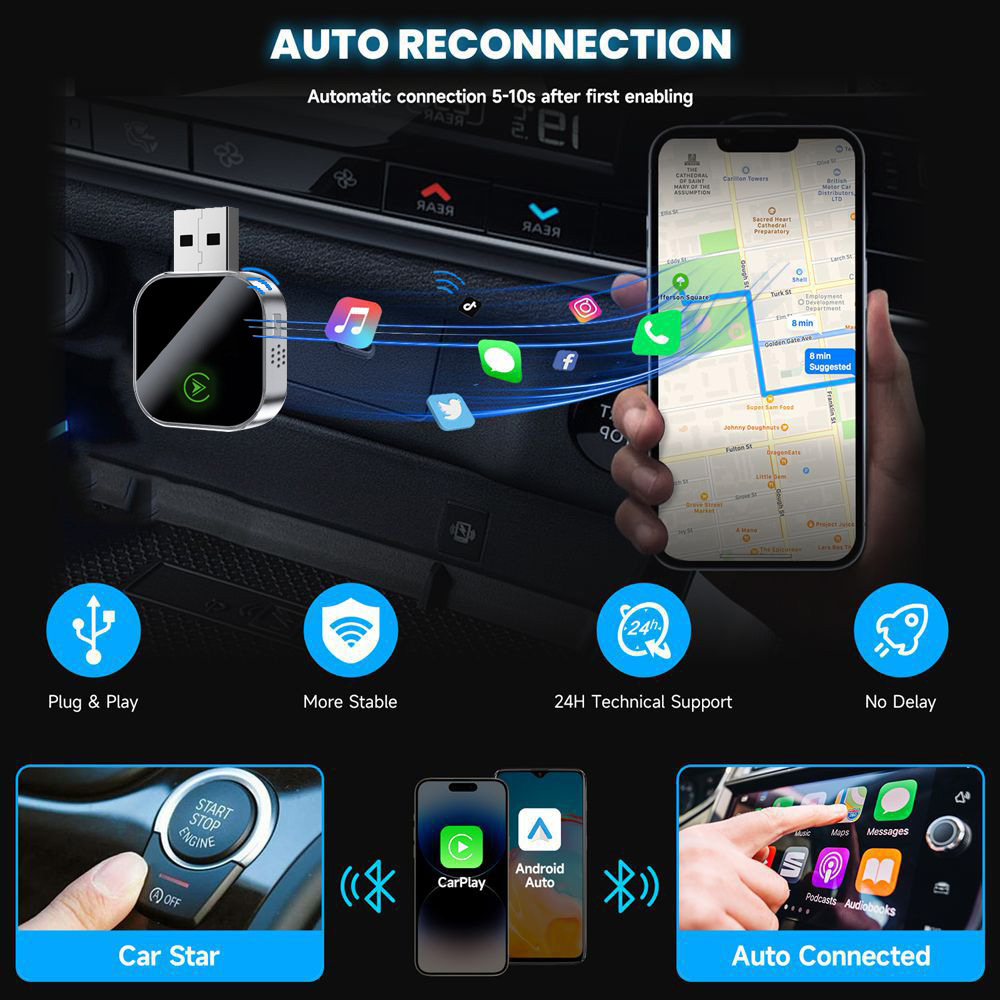 Upgraded Metal Carplay Box Wired to Wireless Android Auto Two-In-One Adapter Car Interconnection