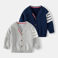 V-neck slim fit boys' cardigan sweater, navy blue single-breasted casual sweater, trendy striped children's cotton sweater