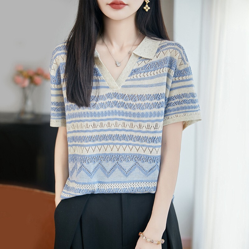 French-Style Color-Block Striped Polo Collar Short-Sleeve T-Shirt for Women, Summer Thin Loose Breathable Slimming Youthful Stylish Knit Top French-Style Color-Block Striped Polo Collar Short-Sleeve T-Shirt for Women, Summer Thin Loose Breathable Slimming Youthful Stylish Knit Top