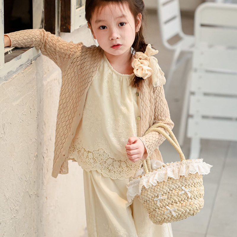 Bonita bolsa de decoración para niños y niñas de encaje dulce bolsas de balde de bebés de paja de moda bolsas de mano para niños