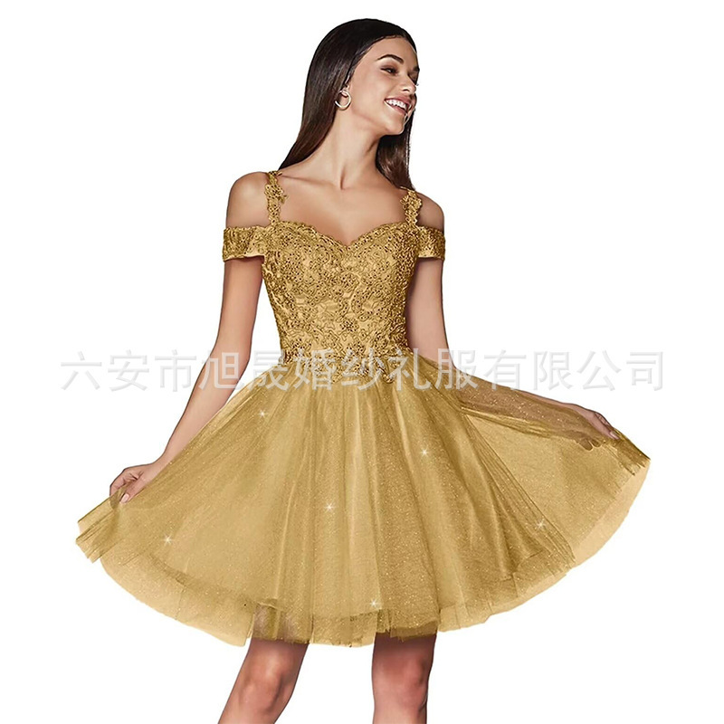 Shiny Lace Decal Homecoming Gown Fit Shoulder Tulle Short Prom Gown Cocktail Dress
