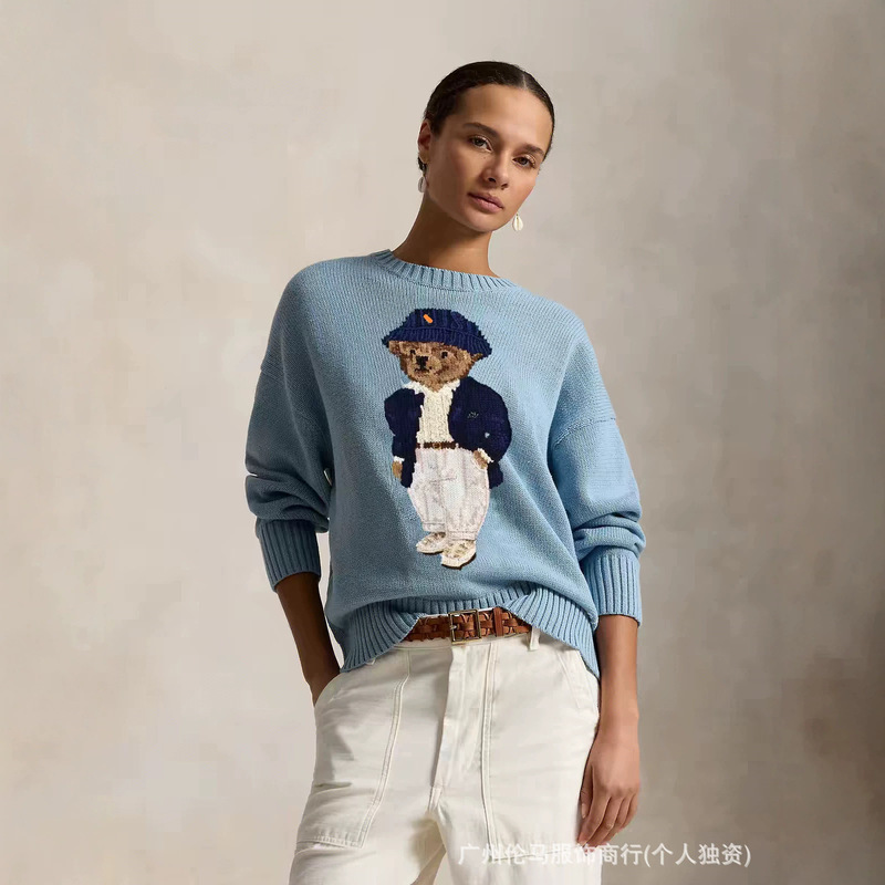 Scan code to view R-L high-quality pure cotton cartoon fisherman hat, bear design, American retro casual autumn and winter sweater for women, new model