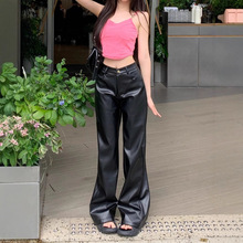 大码胖MM黑色直筒皮裤女春季2025新款小个子高腰休闲pu皮阔腿长裤