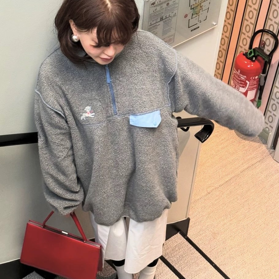 지금 | 한국어 버전의 FRE * KLE FLEECE 스티칭 지퍼 스탠드 칼라 스웨터 양고기 수 놓은 느슨한 긴 재킷