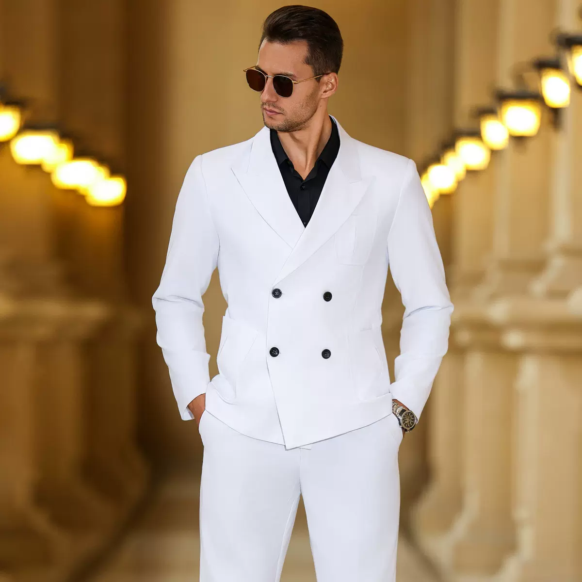 男士白色休闲西服西装两件套修身欧式双排扣礼服套正装商务休闲