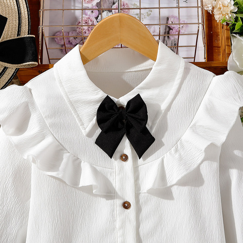 女童衬衫2024春季外贸款拼接花边蝴蝶结女童西装衬衫女孩打底衫潮