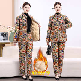 中式妈妈装冬季新款加绒加厚棉服套装中年女装棉衣棉裤保暖两件套
