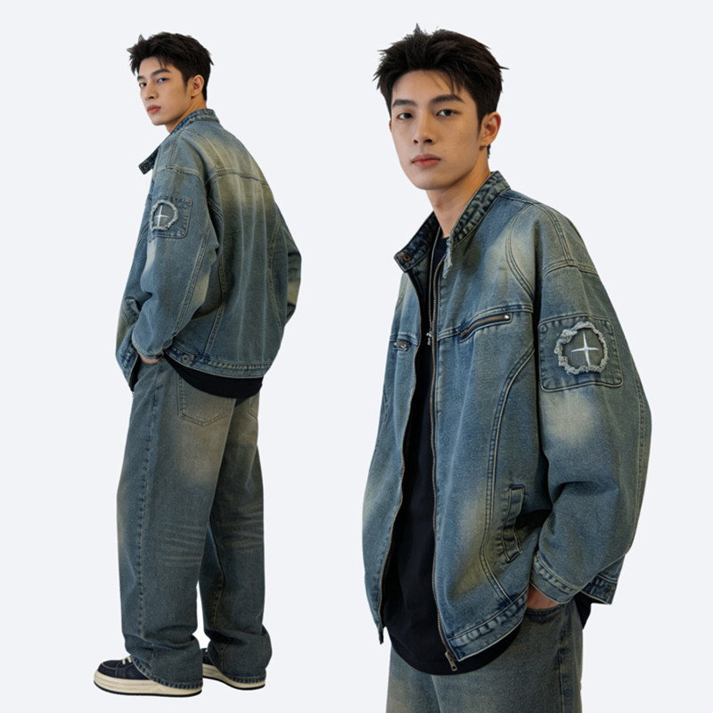 Retro Denim Jacket For Men Washed Ripped Stand-up Collar Style_voghion.com