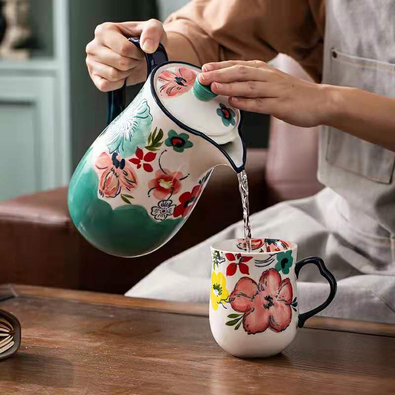PK7J田園風手繪陶瓷儲水防爆開水壺耐熱冷水壺大容量釉下彩家用泡