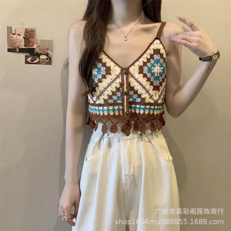 Colorful Ethnic Camisole Hollow Crochet Textile Bohemian Holiday Tassel Short Outer Top