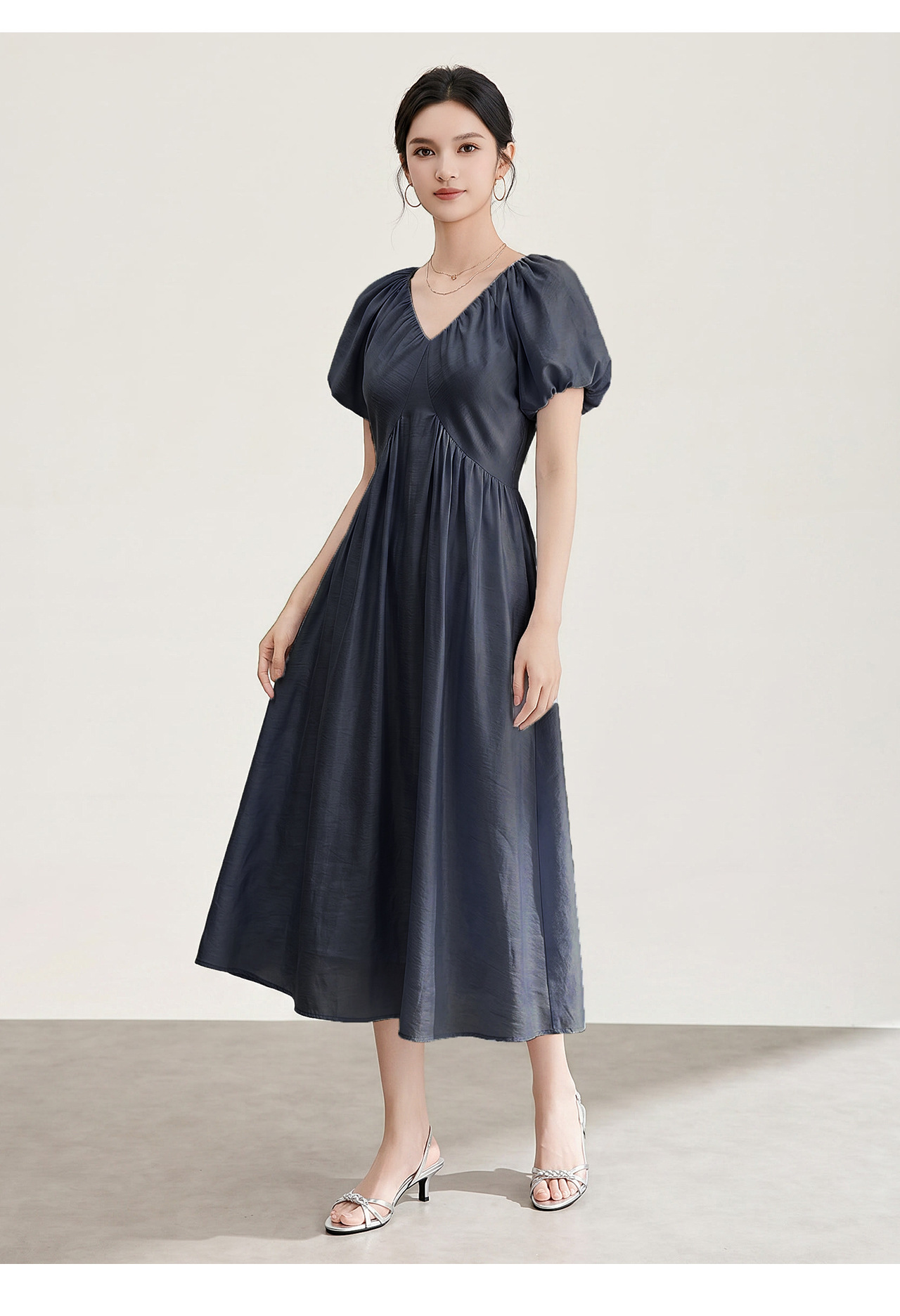 Đầm suông midi tay bồng cổ V xếp ly cho nữ — màu xanh navy chi tiết 16