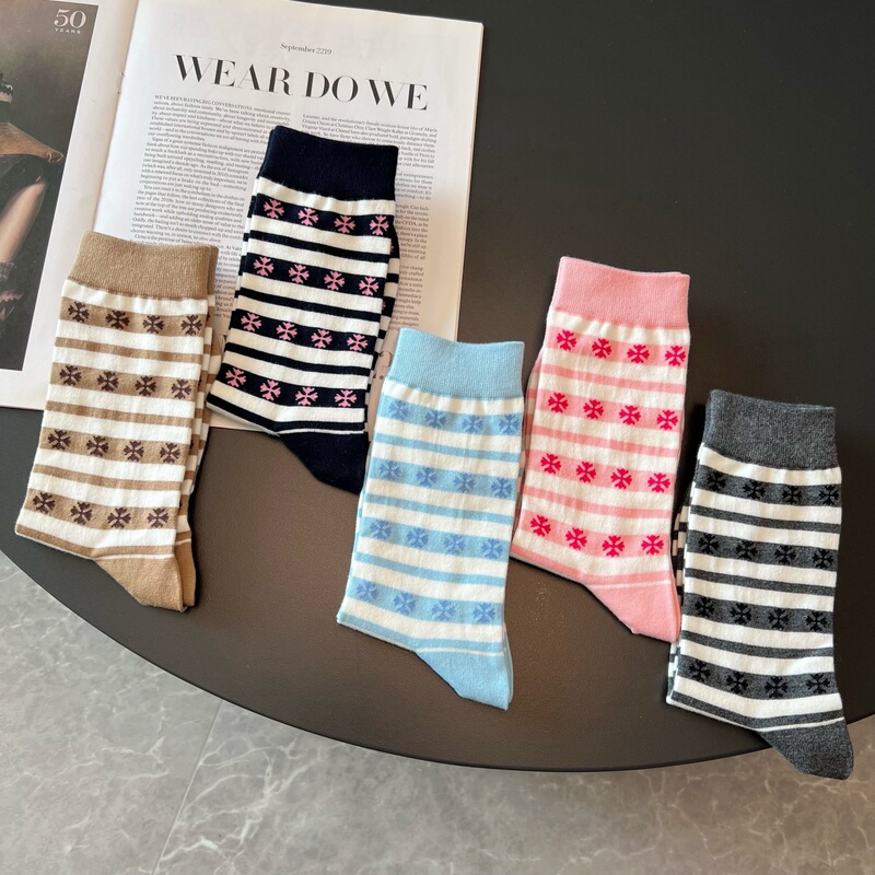 Trendy Women's Mid-Calf Socks with Colorful Stripes, Color-Blocking, Cross, Four-Leaf Clover, and Chrome Hearts Designs Trendy Women's Mid-Calf Socks with Colorful Stripes, Color-Blocking, Cross, Four-Leaf Clover, and Chrome Hearts Designs