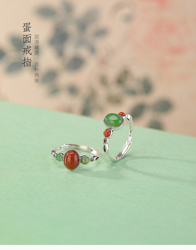 Nhẫn nữ bạc S925 đính ngọc bích và mã não đỏ mặt trứng hình mắt mèo — Mặt trứng ngọc bích chi tiết 2