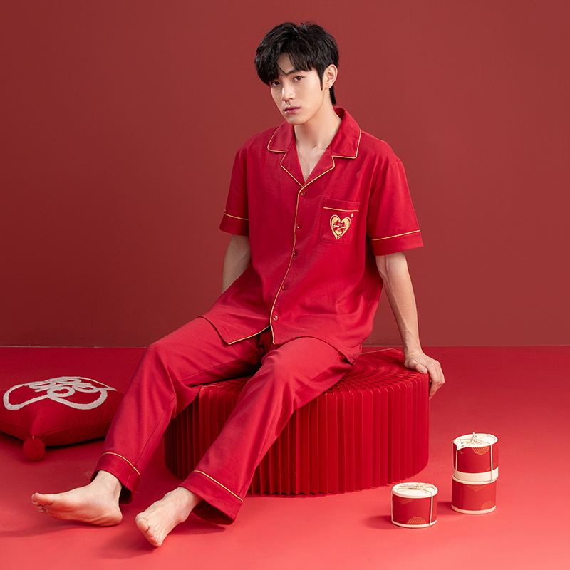Pijamas de las mujeres verano algodón manga corta media manga Pantalones rojo año nacimiento boda desgaste del hogar verano 2024 Nuevo