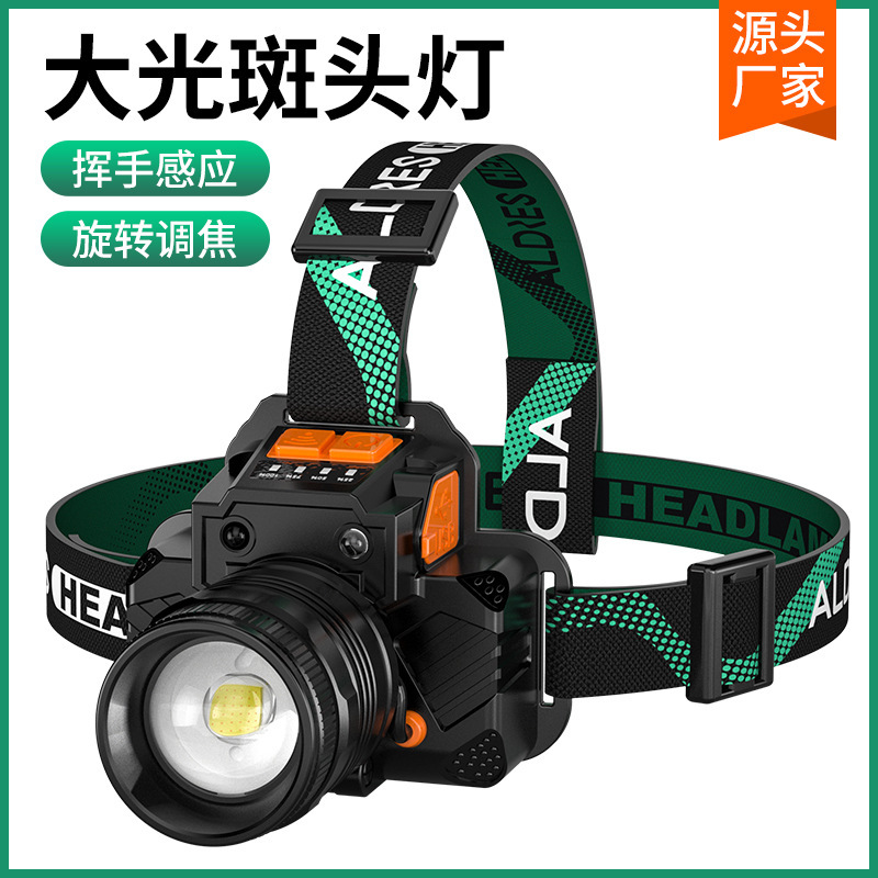 Cross-Border Wholesale Outdoor Head-Mounted Mountaineering Night Fishing Induction Strong Light Long-Range Rechargeable Long-Life Zoom Headlight