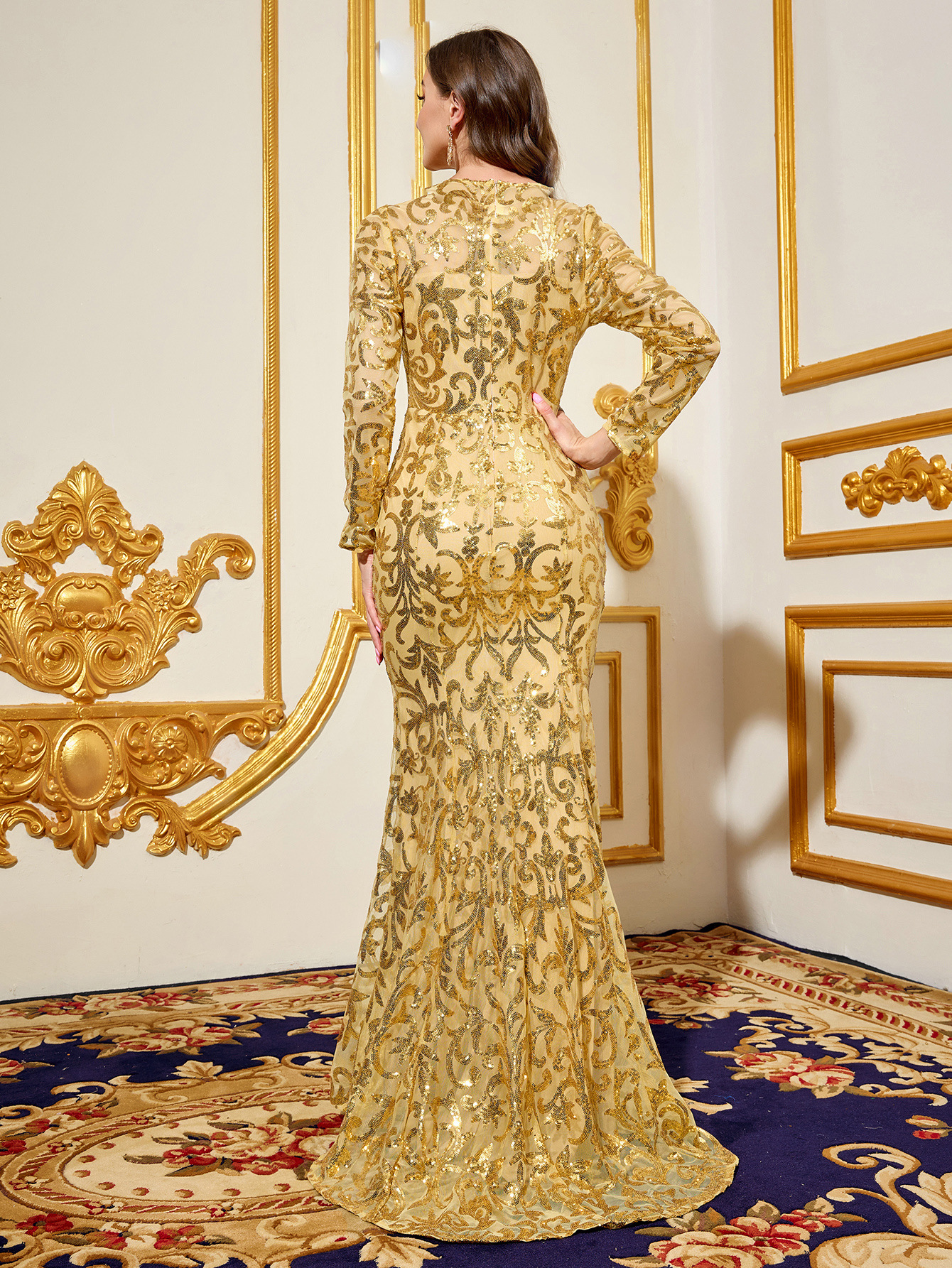 2024 vestido de lentejuelas de primavera y otoño vestido de noche largo de temperamento de cuello redondo púrpura vestido de manga larga de Amazon