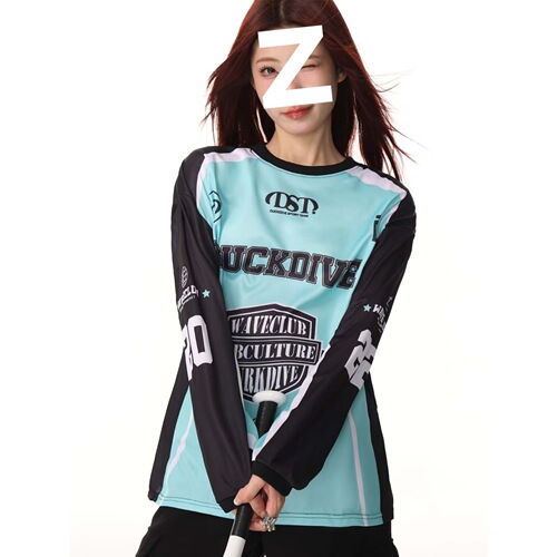 American style patchwork crew neck street print loose long sleeve T-shirt for women, mesh dance top