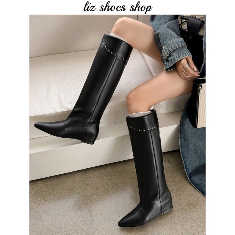 Super slimming retro high-heeled western boots for women with pointed toes, internal height increase, loose straight-leg long boots, riding boots