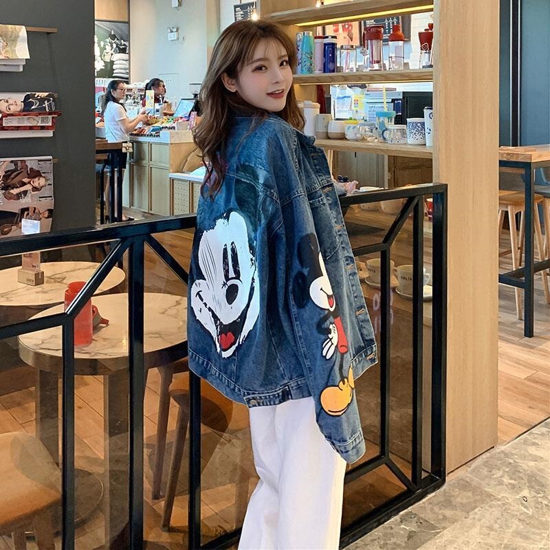 Mickey Mouse Print Denim Jacket for Women, Spring and Autumn Loose Fit Korean Style Ins Plus Size Jacket, Hong Kong Style Mickey Mouse Denim Clothing Mickey Mouse Print Denim Jacket for Women, Spring and Autumn Loose Fit Korean Style Ins Plus Size Jacket, Hong Kong Style Mickey Mouse Denim Clothing