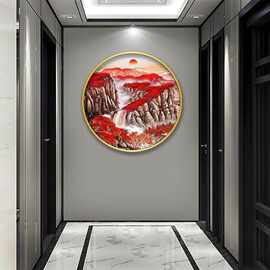 鸿运当头玄关装饰画新中式圆形沙发背景墙壁画办公室山水中式挂画