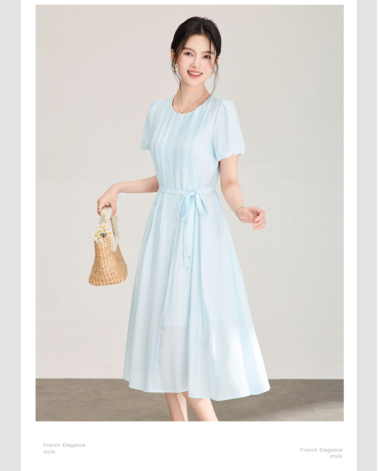 Đầm maxi nữ cổ tròn thắt lưng ren dáng dài — xanh lam chi tiết 8