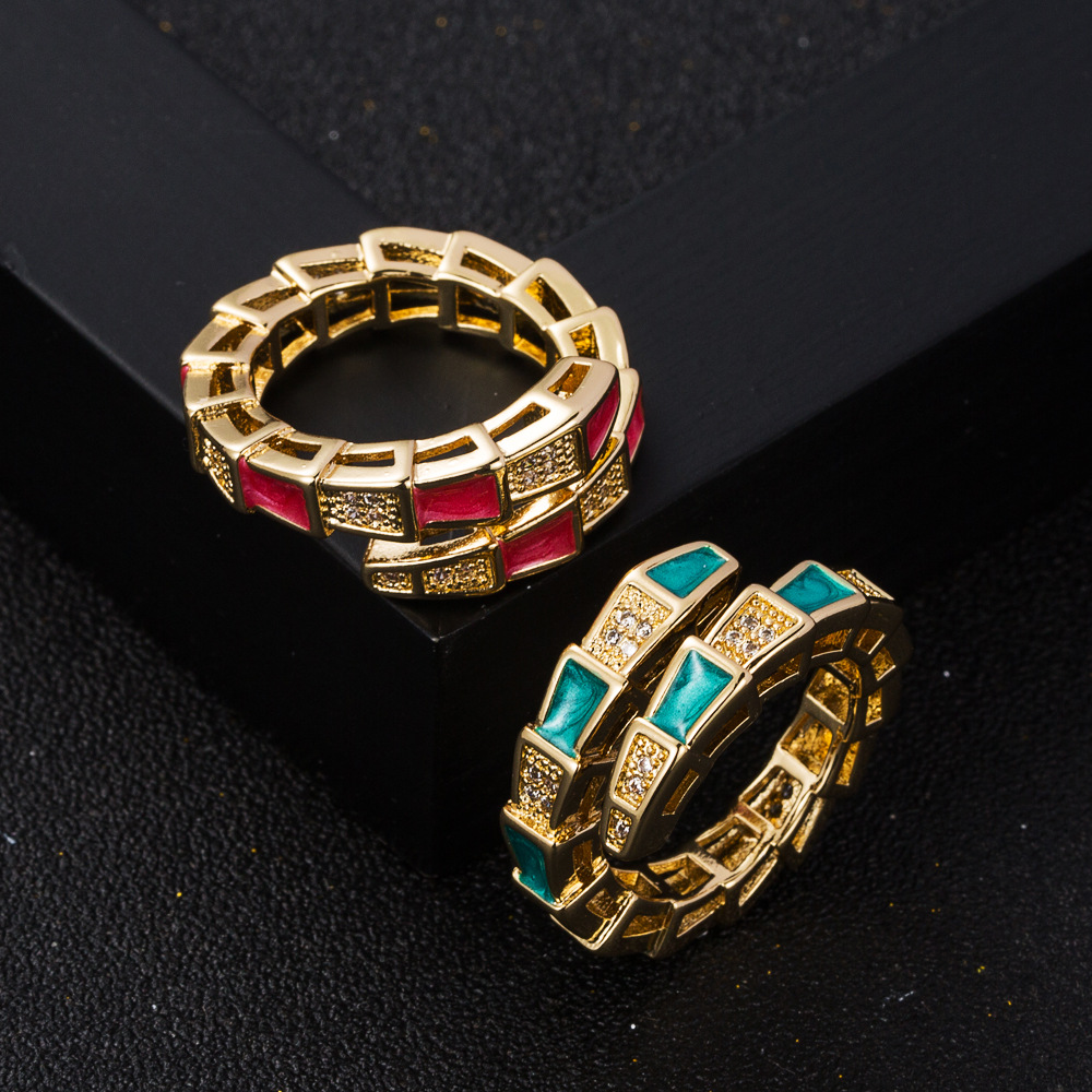 fashion copper goldplated microset zircon drip oil bamboo snake open ringpicture2