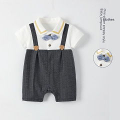 嬰兒連體衣夏裝薄款男寶寶百日宴衣服新生兒周歲爬爬服假背帶哈衣