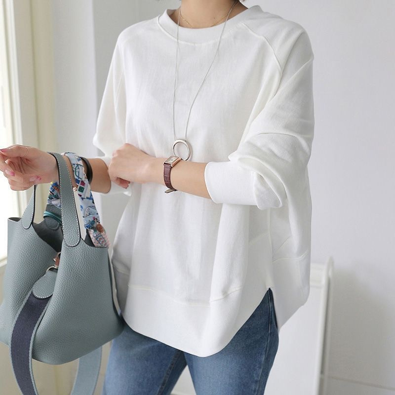 日韩慵懒风女通勤设计2025秋季新款卫衣女开叉圆领长袖气质打底衫