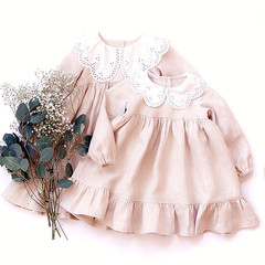 女童連衣裙春秋長袖蕾絲花邊領棉麻刺繡娃娃領大翻領復古公主裙