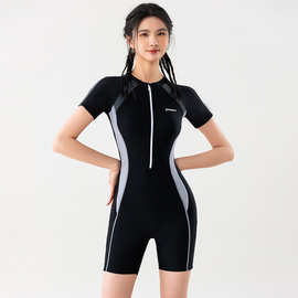 2024新款连体泳衣女式运动泳装拼色修身显瘦泳衣五分泳裤大码泳装