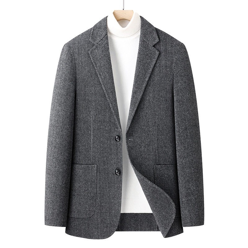 Áo vest nam dạ hai mặt dáng ôm cổ vest một hàng hai nút tay dài — Họa tiết xương cá màu cà phê, Màu camel, Màu xám, Màu đen