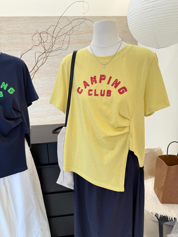 Korean Style Side Pleated Slit Versatile Letter Print Short-Sleeved T-Shirt for Women with Irregular Hem Design Top