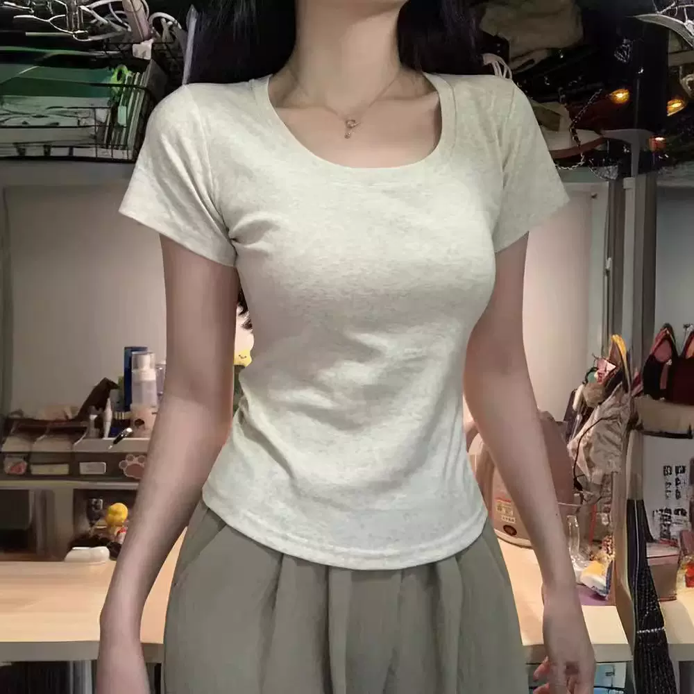 漫画腰辣妹T恤女短袖V领灰色纯棉正肩内搭打底衫夏季薄款紧身上衣