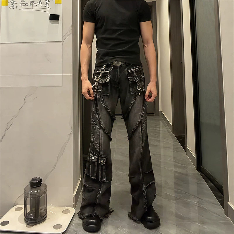 American high street men's jeans, black washed, deconstructed, niche design, slim fit, stylish, slightly flared trousers