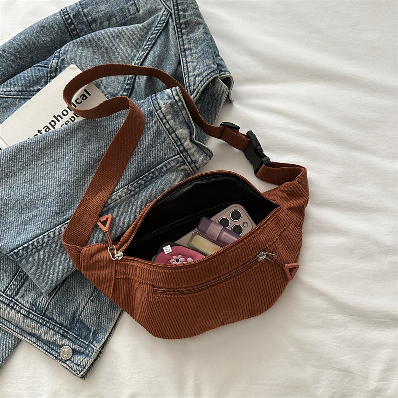 Corduroy Dual Zip Adjustable Strap Belt Bag 4