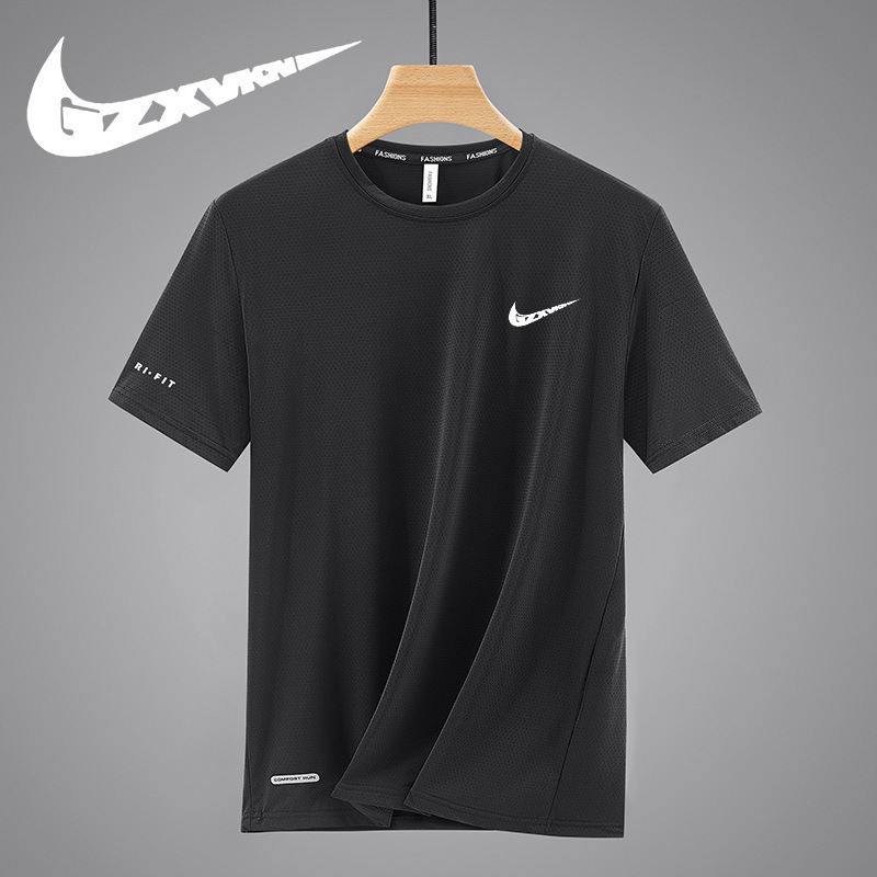 Men's 2024 Summer New Ice Silk Short-Sleeved T-Shirt Men's Loose Large Size Quick-Drying Sports Thin Half-Sleeved T-Shirt for Men