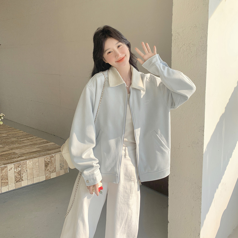 美式复古蓝色外套女士早秋季2025新款撞色翻领宽松夹克棒球服上衣|undefined