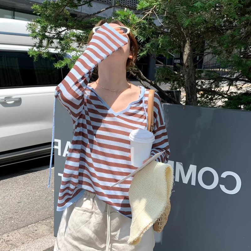 2026 Spring and Summer New Style Women's Tencel Striped V-Neck Knitted Hoodie with Contrasting Color Sun Protection Cover-Up, Loose and Casual 2026 Spring and Summer New Style Women's Tencel Striped V-Neck Knitted Hoodie with Contrasting Color Sun Protection Cover-Up, Loose and Casual