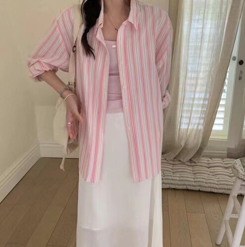 Korean long-sleeved thin striped two-color sunscreen shirt lazy style versatile loose top