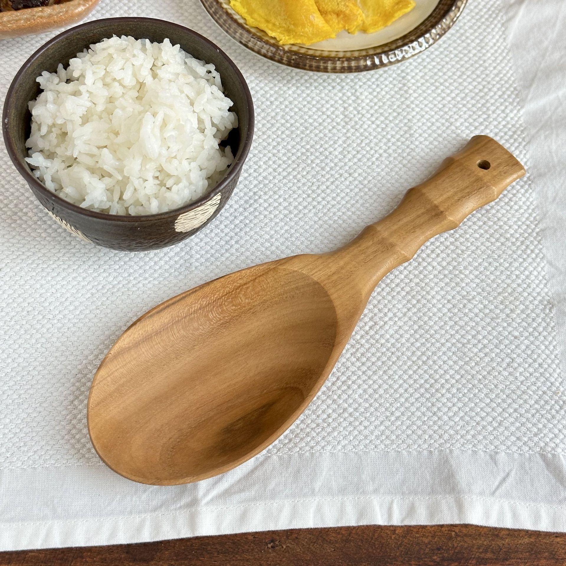 东南亚风格柚木饭勺波浪把手日式无漆实木饭勺设计感厨房浅口勺