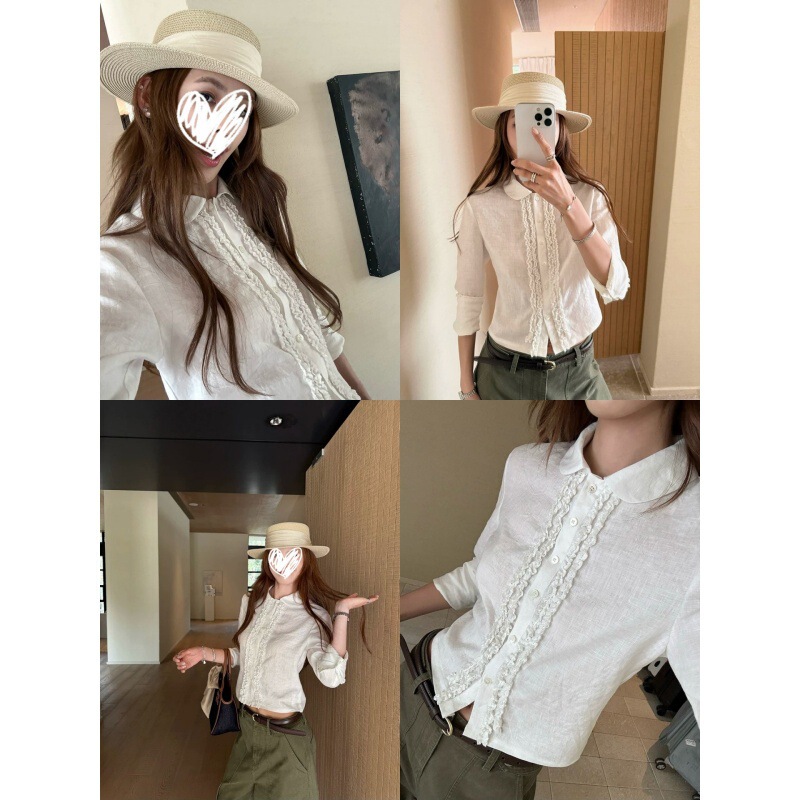 Xzchic Schoolgirl Shirt/Linen Age-Reducing Lace-Trimmed Top for Women with Three-Quarter Sleeves and Turn-Down Collar Short Shirt