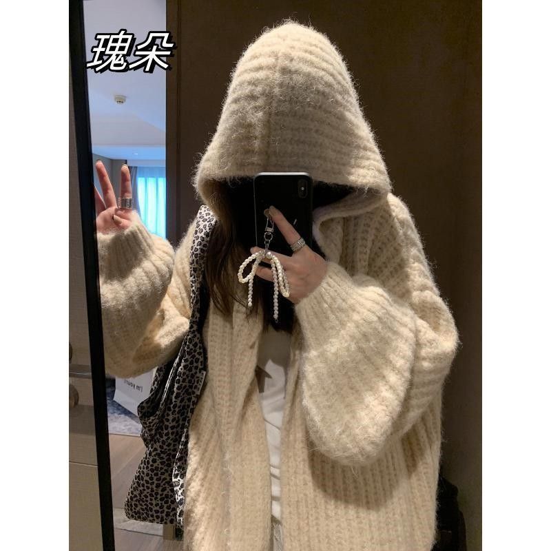 ZLA 灯笼袖连帽毛衣外套女秋冬新款宽松显瘦慵懒加厚针织开衫女|undefined