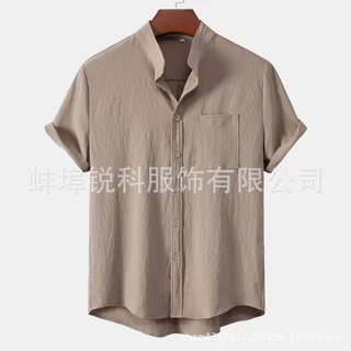 欧美跨境速卖通男装短袖纯色休闲上衣立领开衫男士休闲短袖衬衫