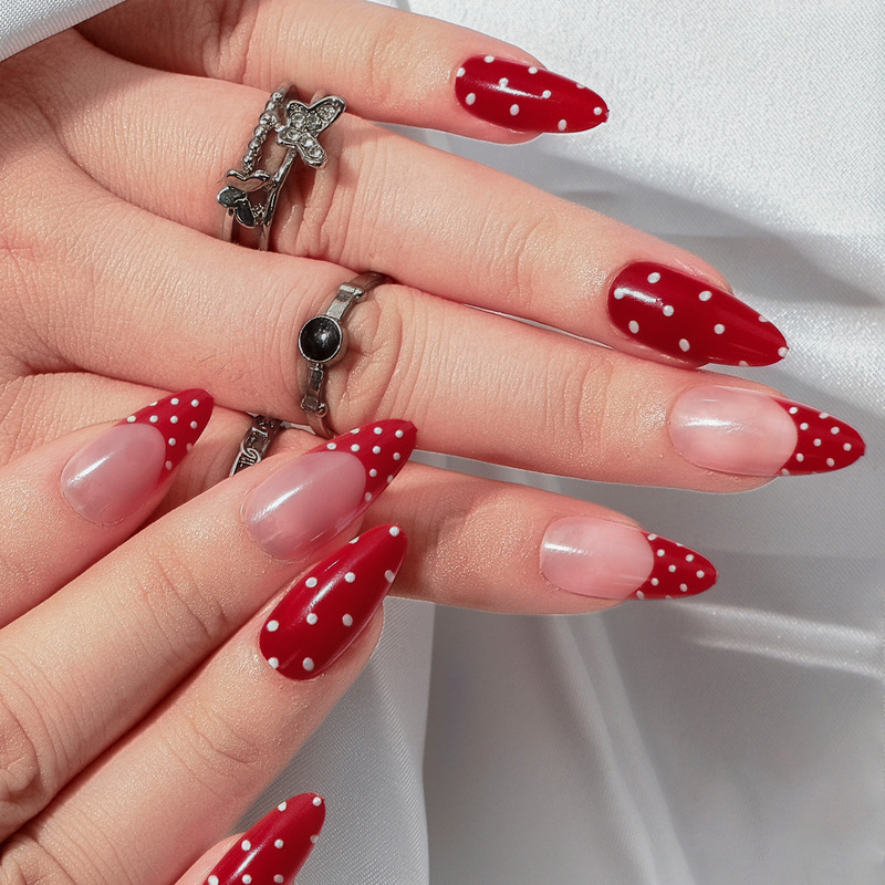 Cross-Border Hot-Selling Water Drop Nails Simple Red French Polka Dot Finished Press-On Fake Nails Manicure Patches Wearable Nails