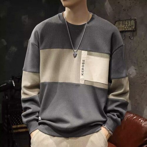 Autumn American Heavyweight Youth Fashion Loose Men's Long-Sleeve T-Shirt Crew Neck Colorblock Hoodie