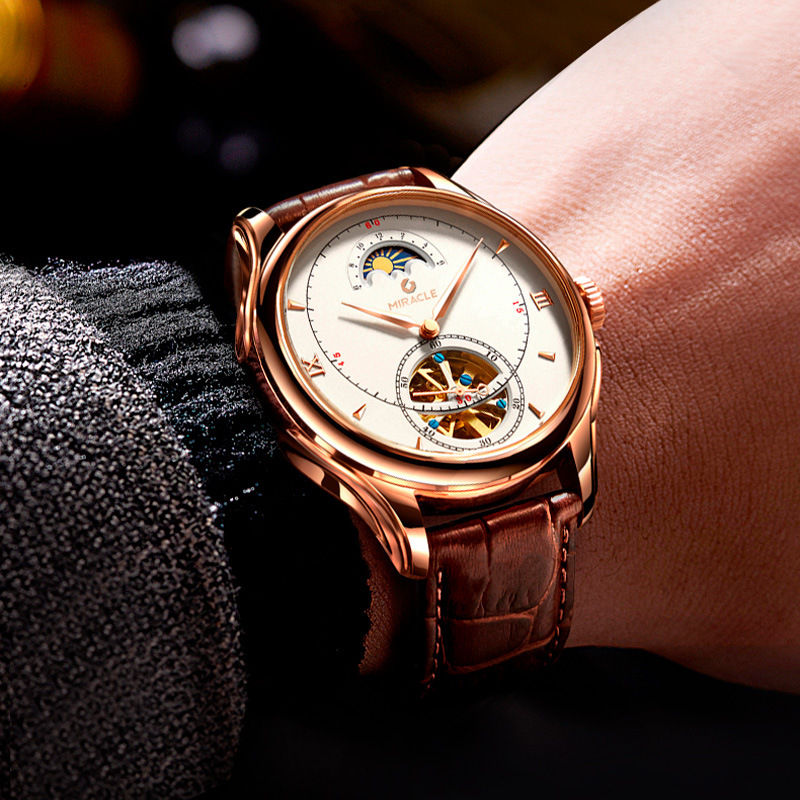 Đồng hồ cơ nam automatic lộ máy tourbillon vỏ hồng trắng dây da cà phê — Vỏ hồng trắng da cà phê