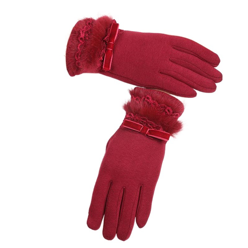 Guantes cálidos Otoño e Invierno de las mujeres no invertidas de terciopelo de encaje de piel de conejo boca de montar forrado de lana engrosada guantes de pantalla táctil de invierno