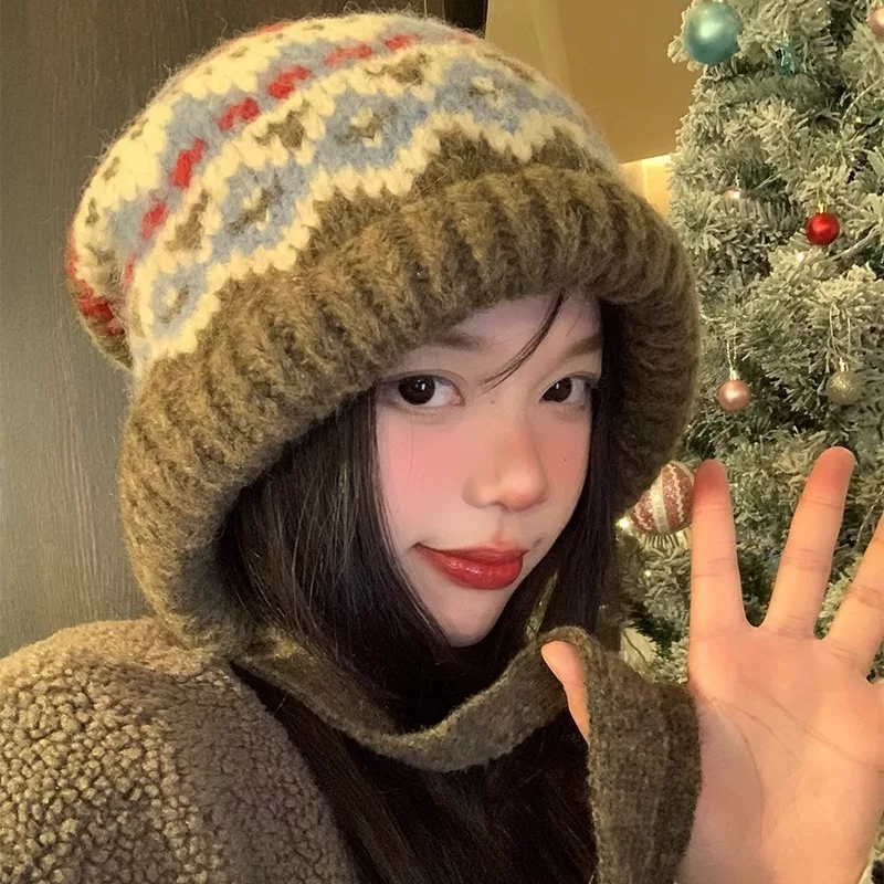 Knitted winter retro knitted hat, keep warm woolen bag