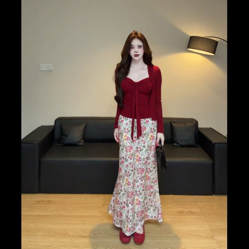 Three-Piece Set 79 New Style Slim Fit Simple Gentle Style Spring Knitted Cardigan Set [Without Chest Pads] Beaded
