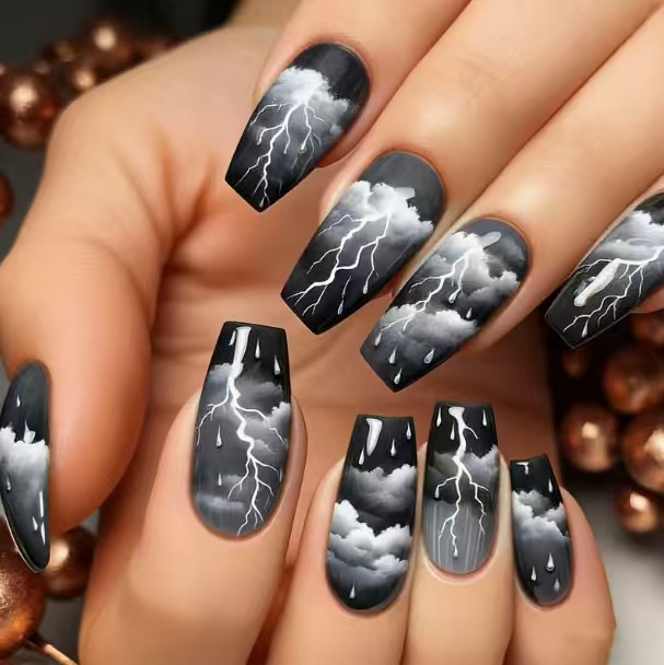New Foreign Trade Style 24-Piece Nail Art Set with Thunderstorm Lightning Weather, Black, White, Gray Clouds, Dark Black Long Ballet Press-On Nails Wholesale New Foreign Trade Style 24-Piece Nail Art Set with Thunderstorm Lightning Weather, Black, White, Gray Clouds, Dark Black Long Ballet Press-On Nails Wholesale